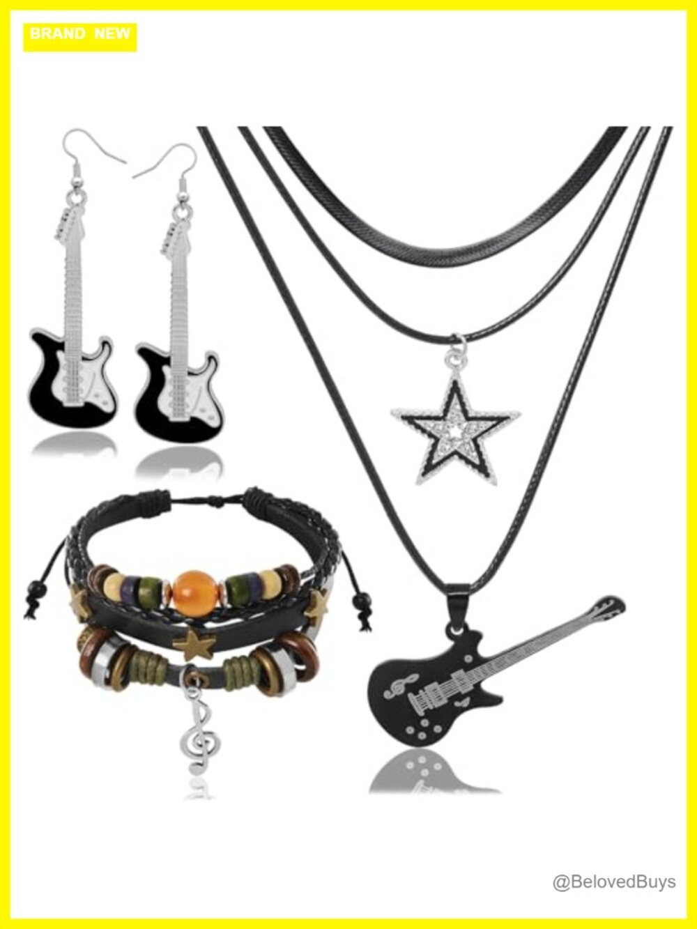 Y2K Grunge Jewelry Set Guitar Necklace Star Chain Earrings Punk Bracelet